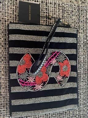 America & Beyond Black Beaded Floral Wristlet Clutch with Pink & Red Accents